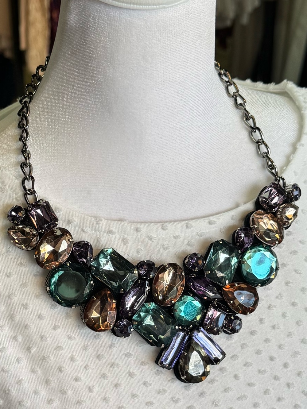 Retro Guess‎ Teal, Bronze & Smoky Multi-Gem Statement Necklace NWOT